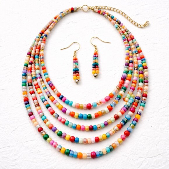 Jewelry - MultiColor Multi-String Beads Necklace With Matching Earrings